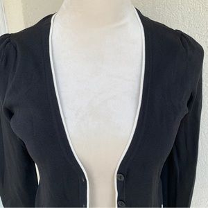 LOFT. Black Cardigan with white piping along around neckline down to hem…